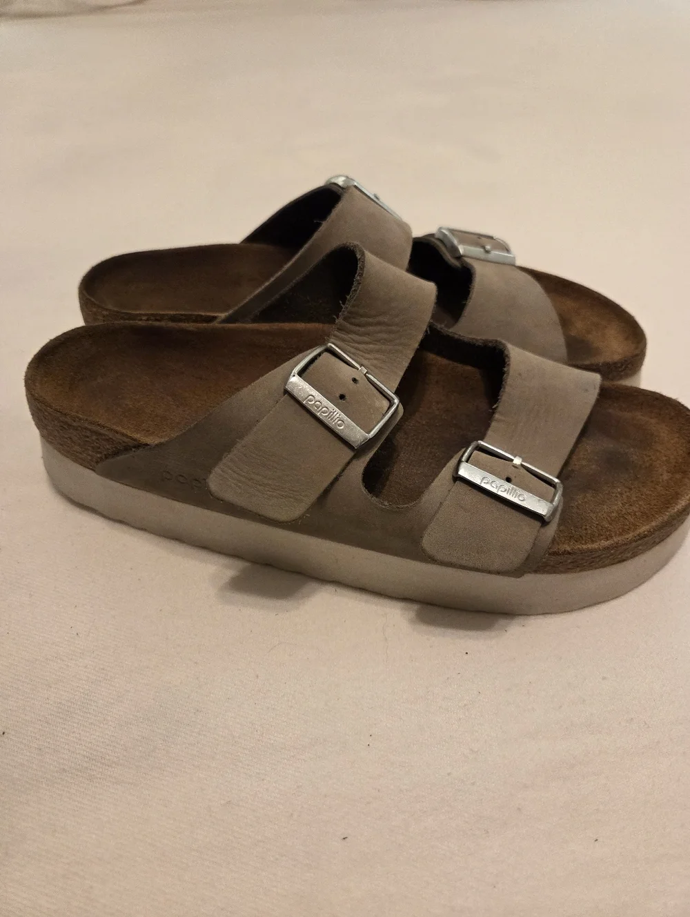 PAPILLIO By‎ BIRKENSTOCK Arizona Grey/Green Leather Two Strap Platform Sandal 40